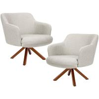 Kit 02 Poltronas Base Giratória De Madeira Linho Bege C-107 - 1