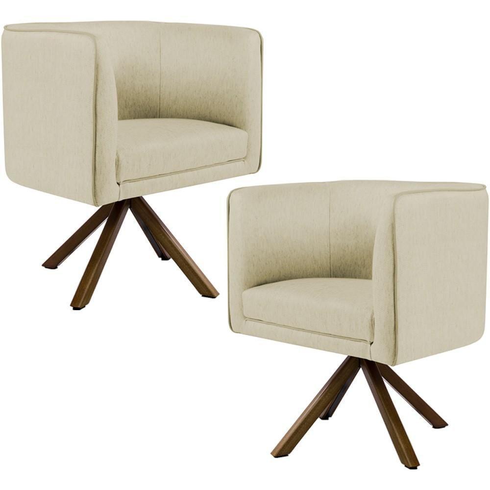 Kit 02 Poltronas Base Giratória De Madeira Linho Bege C-129 - 1