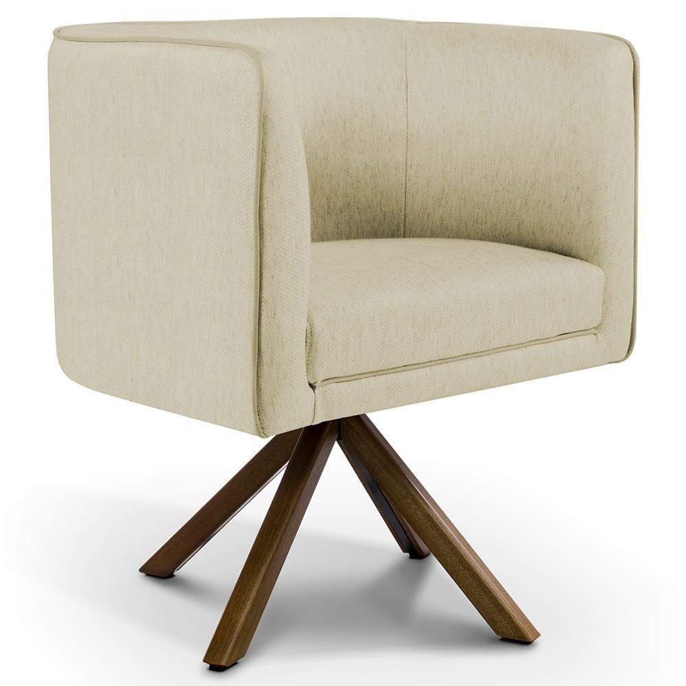 Kit 02 Poltronas Base Giratória De Madeira Linho Bege C-129 - 5