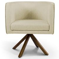 Kit 02 Poltronas Base Giratória De Madeira Linho Bege C-129 - 3