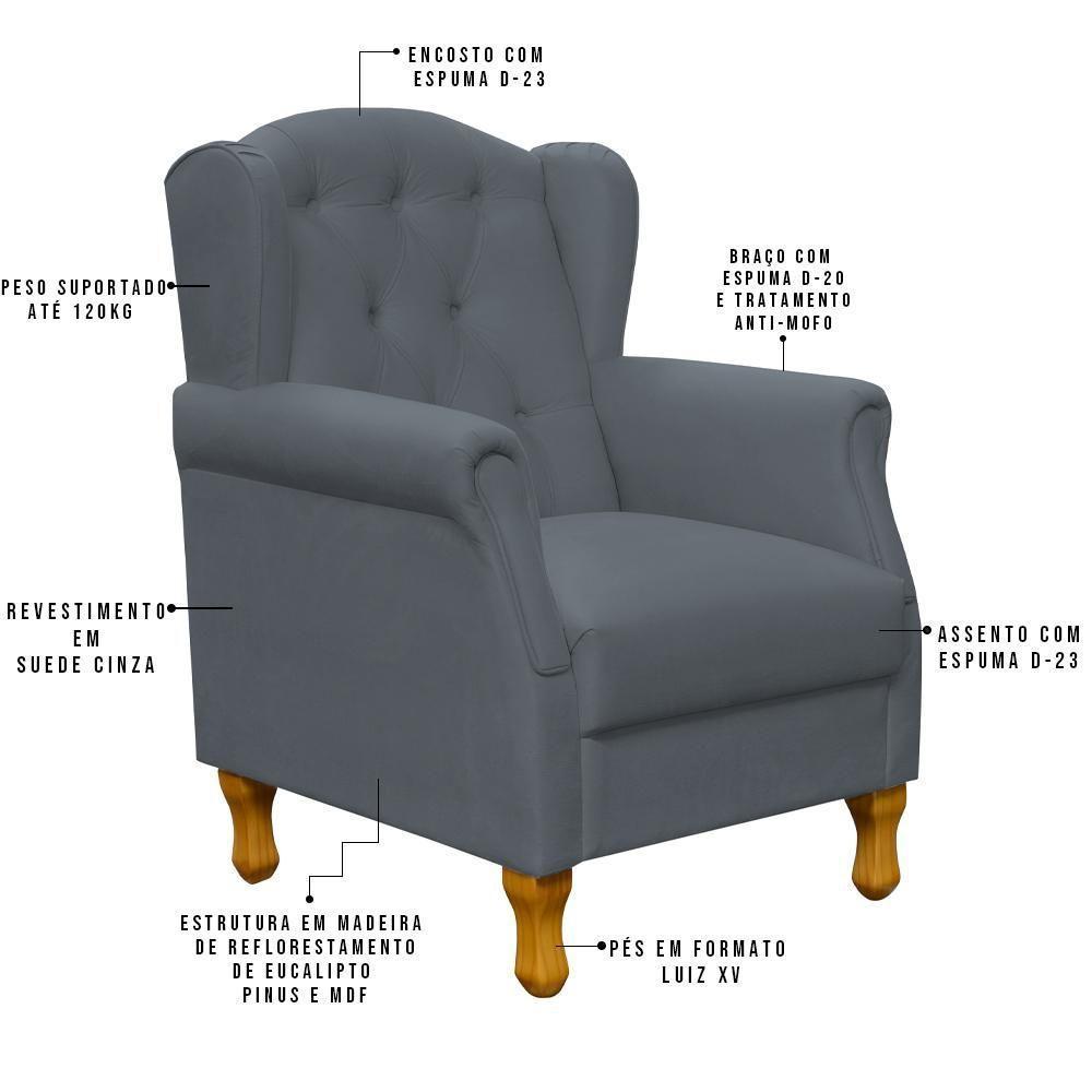 Kit 02 Poltronas Para Sala De Estar Yara P02 Suede Cinza - 5