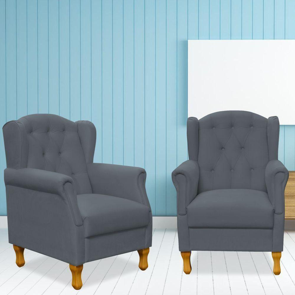 Kit 02 Poltronas Para Sala De Estar Yara P02 Suede Cinza - 7