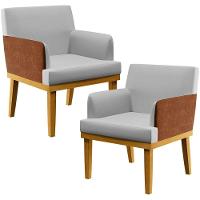 Kit 02 Poltronas Estar Linho Cinza Couríssimo Camel - 1