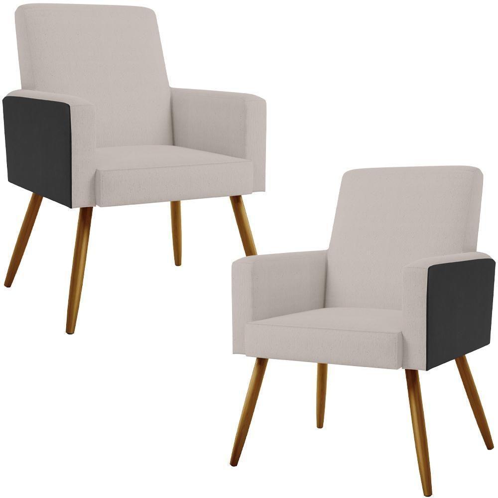 Kit 02 Poltronas Pés Palito Linho Bege Couríssimo Preto - 1