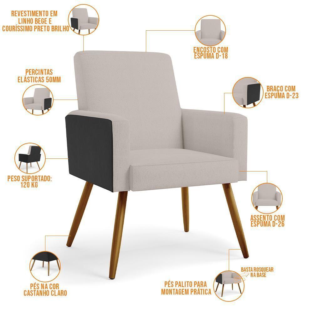 Kit 02 Poltronas Pés Palito Linho Bege Couríssimo Preto - 6