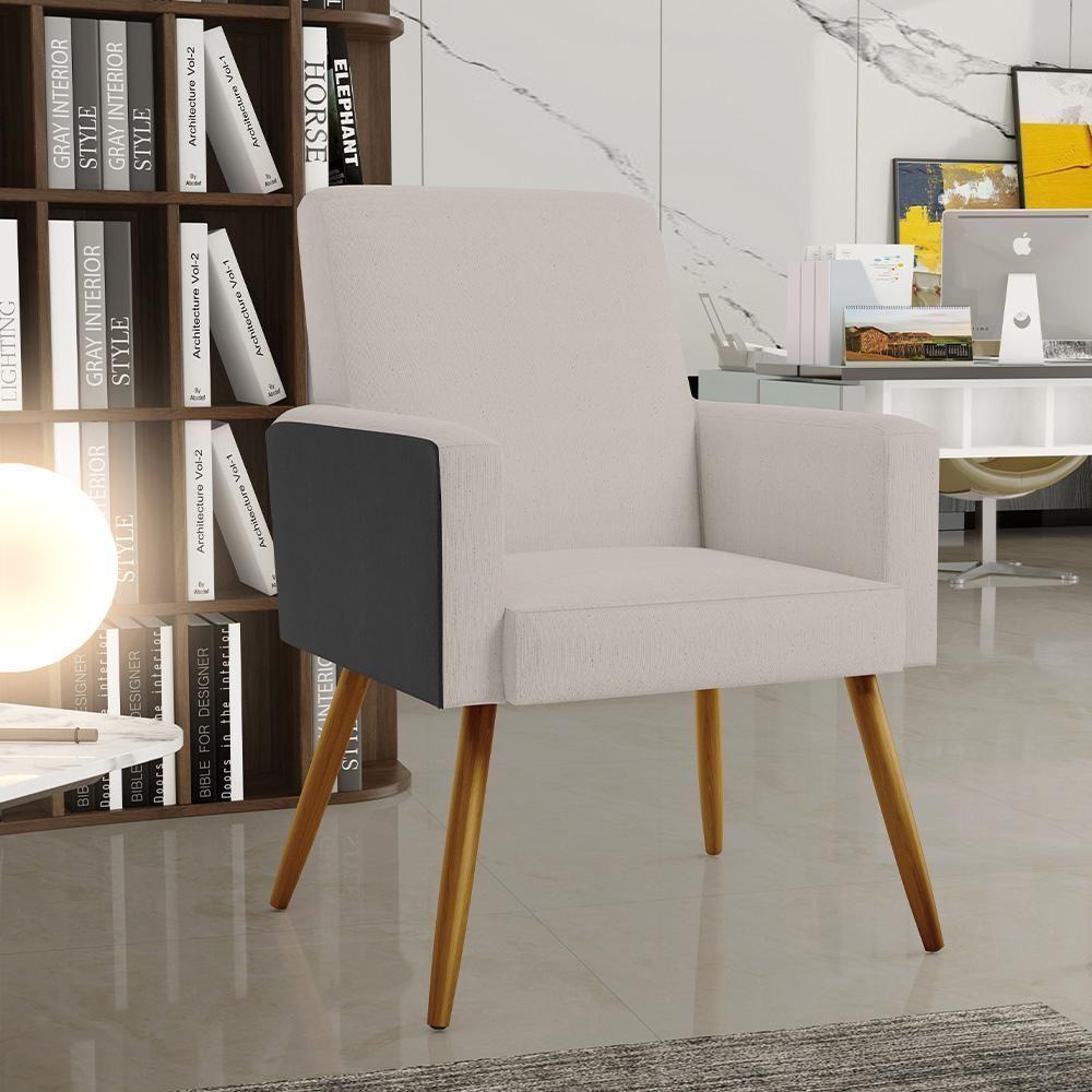 Kit 02 Poltronas Pés Palito Linho Bege Couríssimo Preto - 8