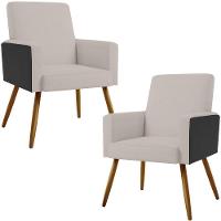 Kit 02 Poltronas Pés Palito Linho Bege Couríssimo Preto - 1