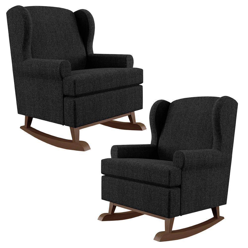 Kit 02 Poltronas Malu Base De Madeira P02 Linho Chumbo - 1