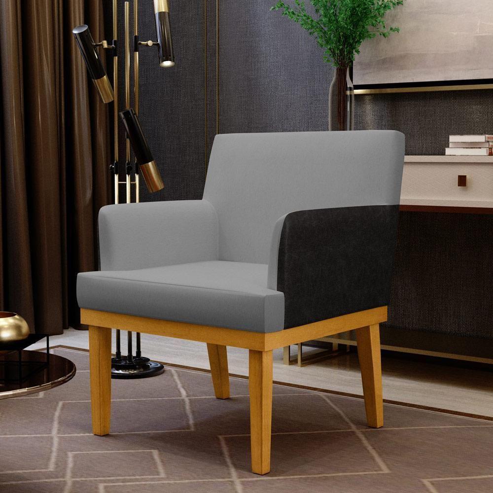 Kit 02 Poltronas Linho Cinza Escuro Couríssimo Preto - 10