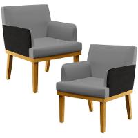 Kit 02 Poltronas Linho Cinza Escuro Couríssimo Preto - 1