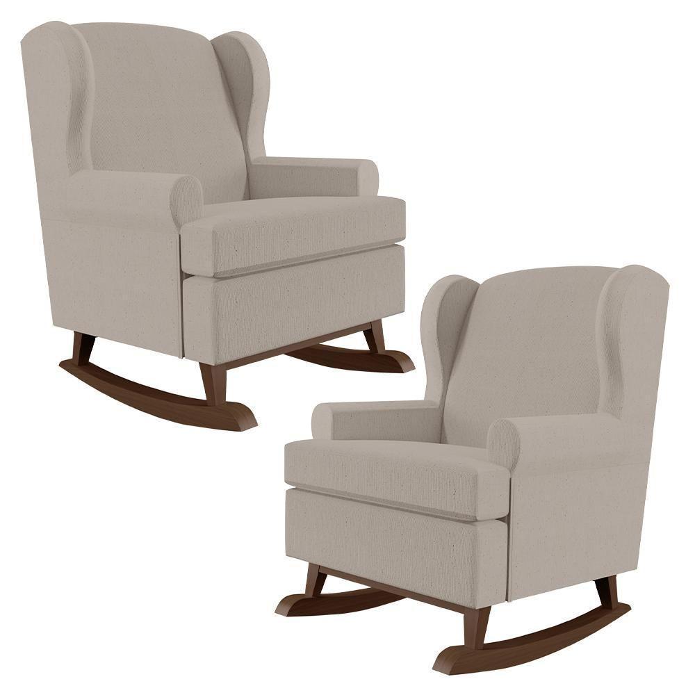 Kit 02 Poltronas Malu Base De Madeira P02 Linho Bege - 1