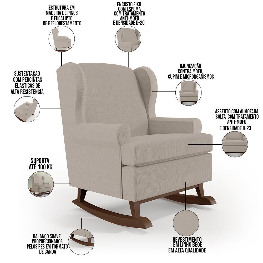 Kit 02 Poltronas Malu Base De Madeira P02 Linho Bege - 6