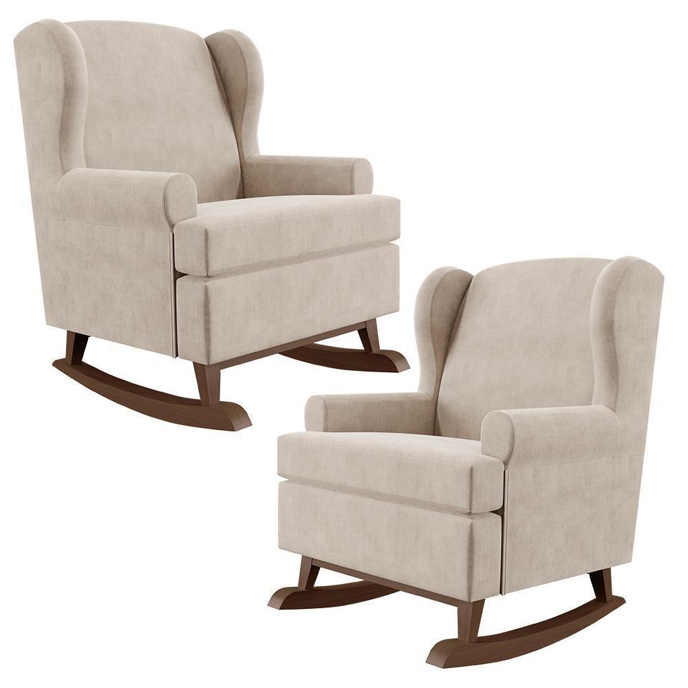 Kit 02 Poltronas Malu Base De Madeira P02 Suede Bege - 1