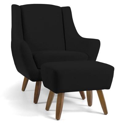 Poltrona Fixa Com Puff Juliet D02 C-300 Veludo Preto Lyam Decor