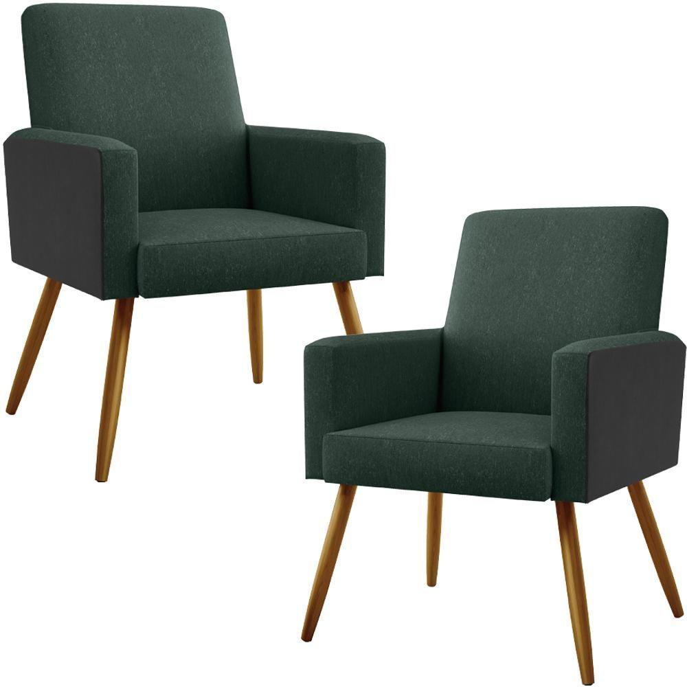 Kit 02 Poltronas Pés Palito Linho Verde Musgo Preto - 1