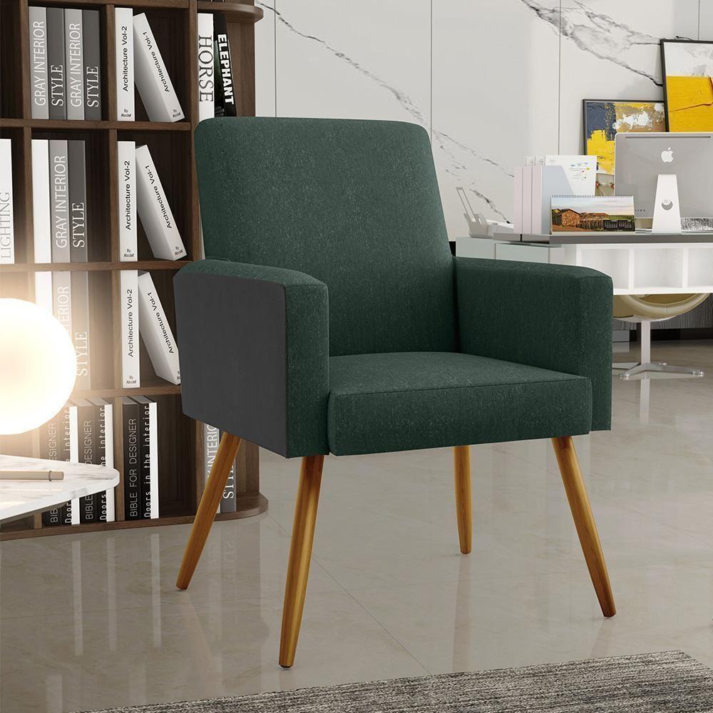 Kit 02 Poltronas Pés Palito Linho Verde Musgo Preto - 7