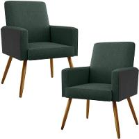 Kit 02 Poltronas Pés Palito Linho Verde Musgo Preto - 1