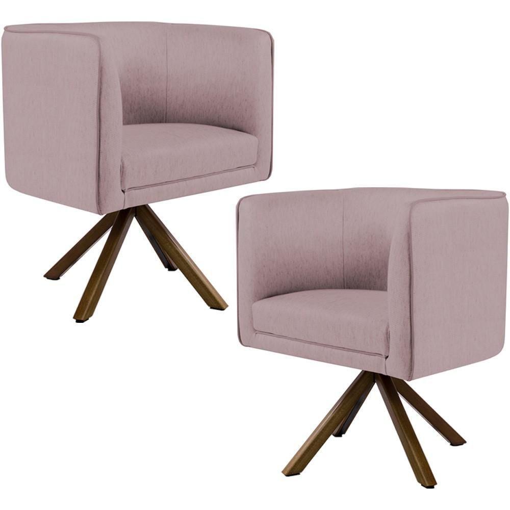 Kit 02 Poltronas Base Giratória Madeira Veludo Rosê C-305 - 1