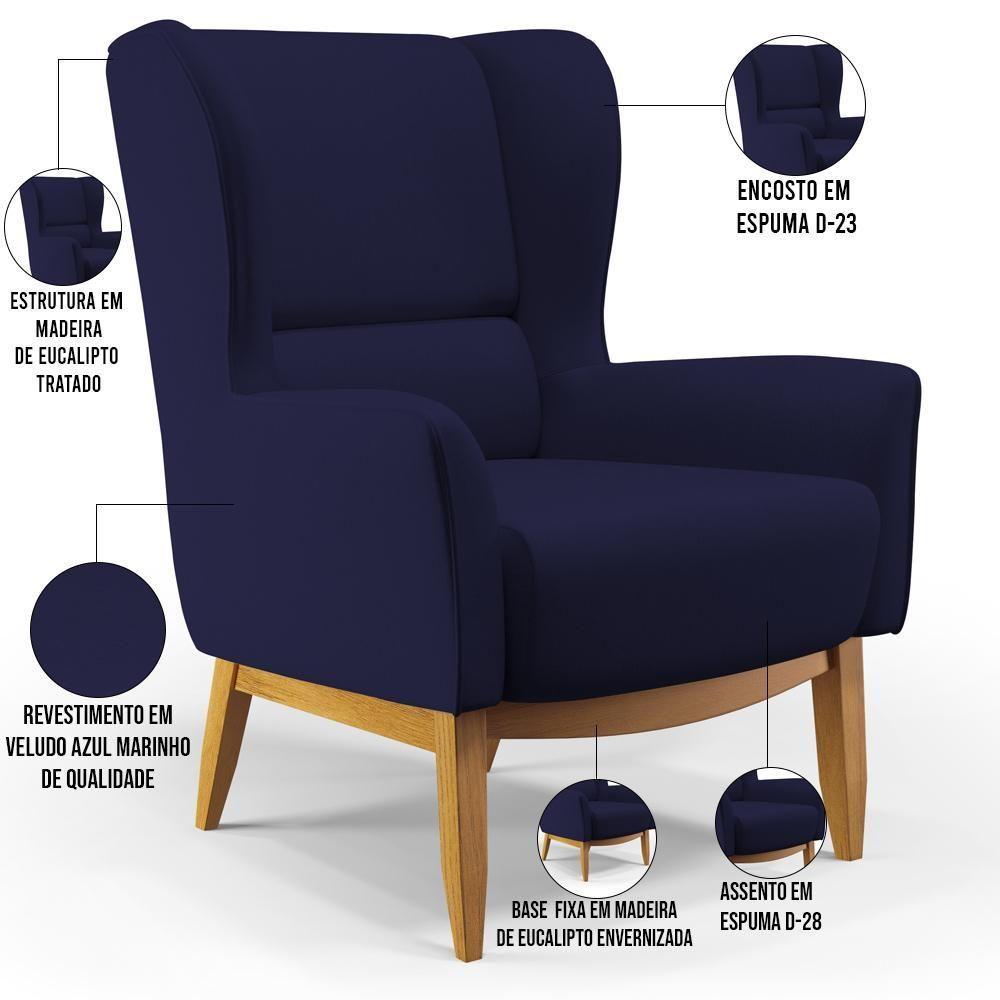 Poltrona Fixa Base De Madeira D02 Veludo Azul Marinho C-304 - 5