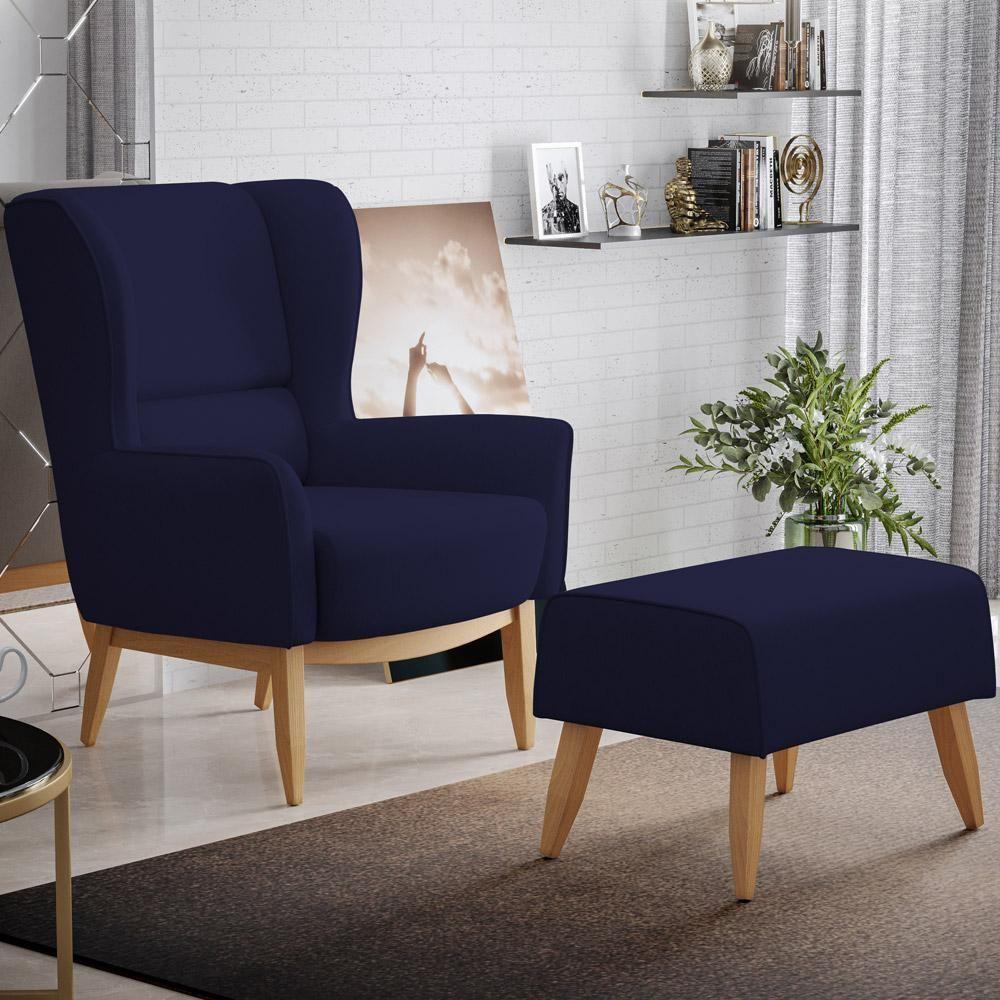 Poltrona Fixa Base De Madeira D02 Veludo Azul Marinho C-304 - 7