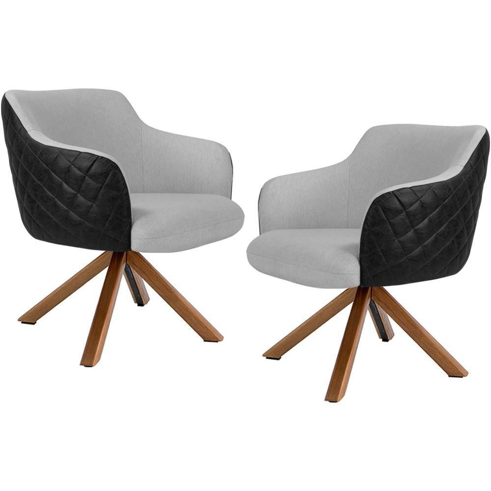 Kit 02 Poltronas Base Giratória Linho Cinza Corano Preto - 1