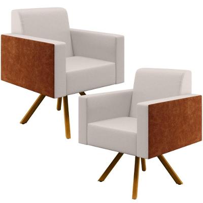 Kit 02 Poltronas Decorativas Helô L02 Base Giratória Linho Cru Couríssimo Camel Lyam Decor