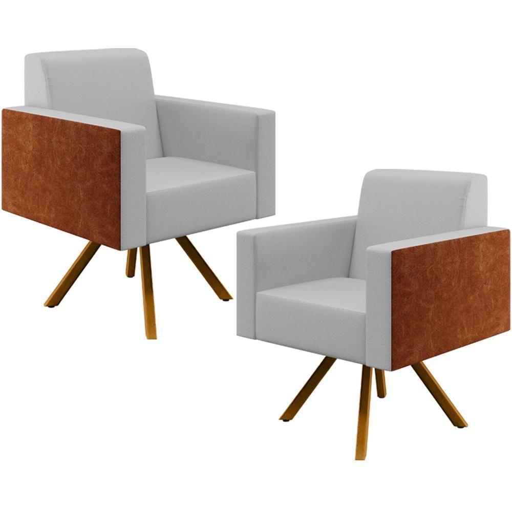 Kit 02 Poltronas Base Giratória Linho Cinza Couríssimo Camel - 1