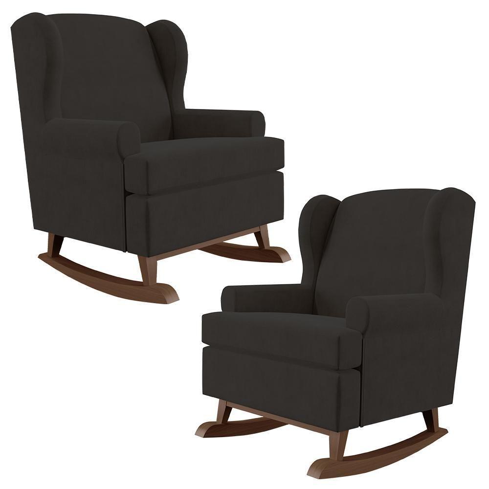 Kit 02 Poltronas Malu Base De Madeira P02 Suede Preto - 1