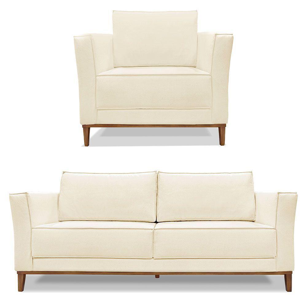 Kit Poltrona E Sofá 2 Lugares 1,70m Bege Pés Castanho - 1