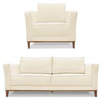 Kit Poltrona E Sofá 2 Lugares 1,70m Bege Pés Castanho - 1