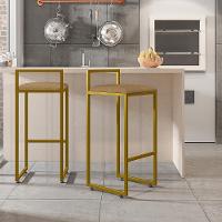 Kit 04 Banquetas Alta Hanna Dourado Linho Bege Escuro - 9