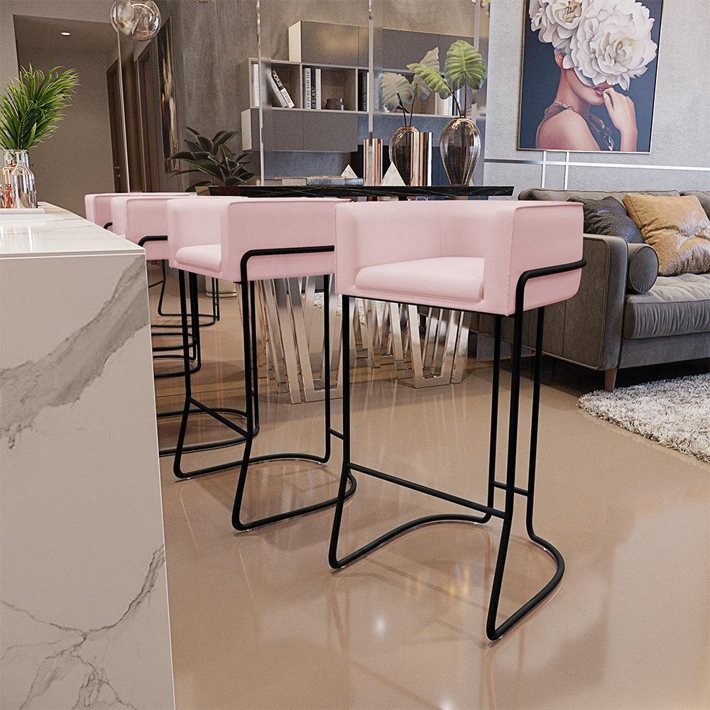 Kit 03 Banquetas Fixa Preto Veludo Rosê C-305 - 9