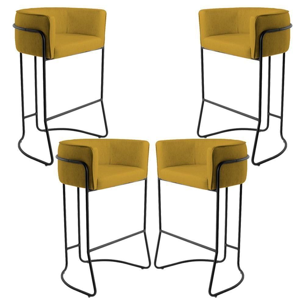 Kit 04 Banquetas Fixa Preto Veludo Mostarda C-279 - 1