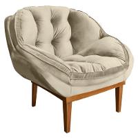 Poltrona Decorativa Veludo Bege Base Madeira Castanho - 1