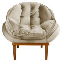 Poltrona Decorativa Veludo Bege Base Madeira Castanho