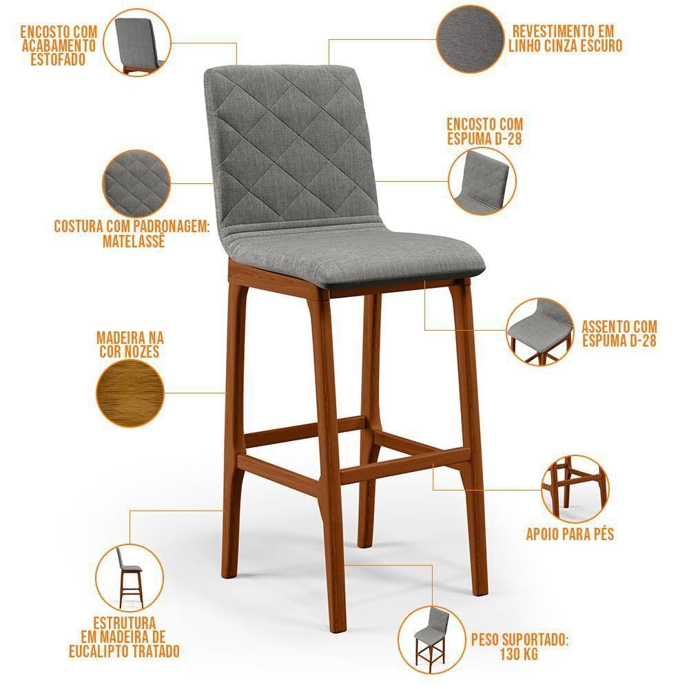 Kit 04 Banquetas Altas Zoe Linho Cinza Escuro - 7