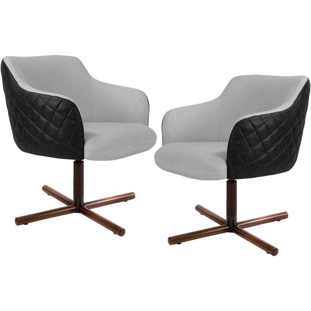 Kit 02 Poltronas Giratória Base X Linho Cinza Corano Preto - 1