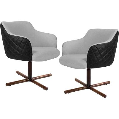 Kit 2 Poltronas Giratórias Jade D02 Linho Cinza Corano Preto Lyam Decor
