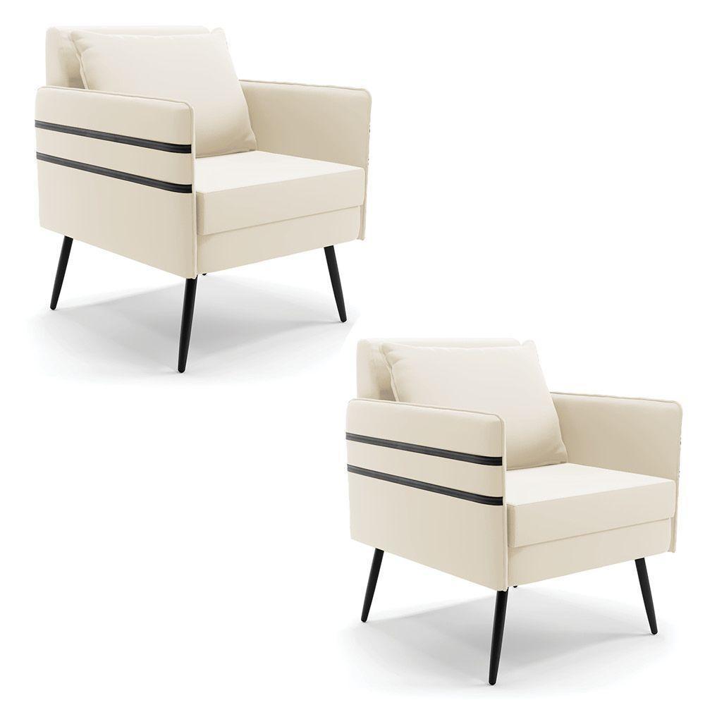 Kit 02 Poltronas Mari Veludo Bege Pés Palito De Ferro Preto - 1