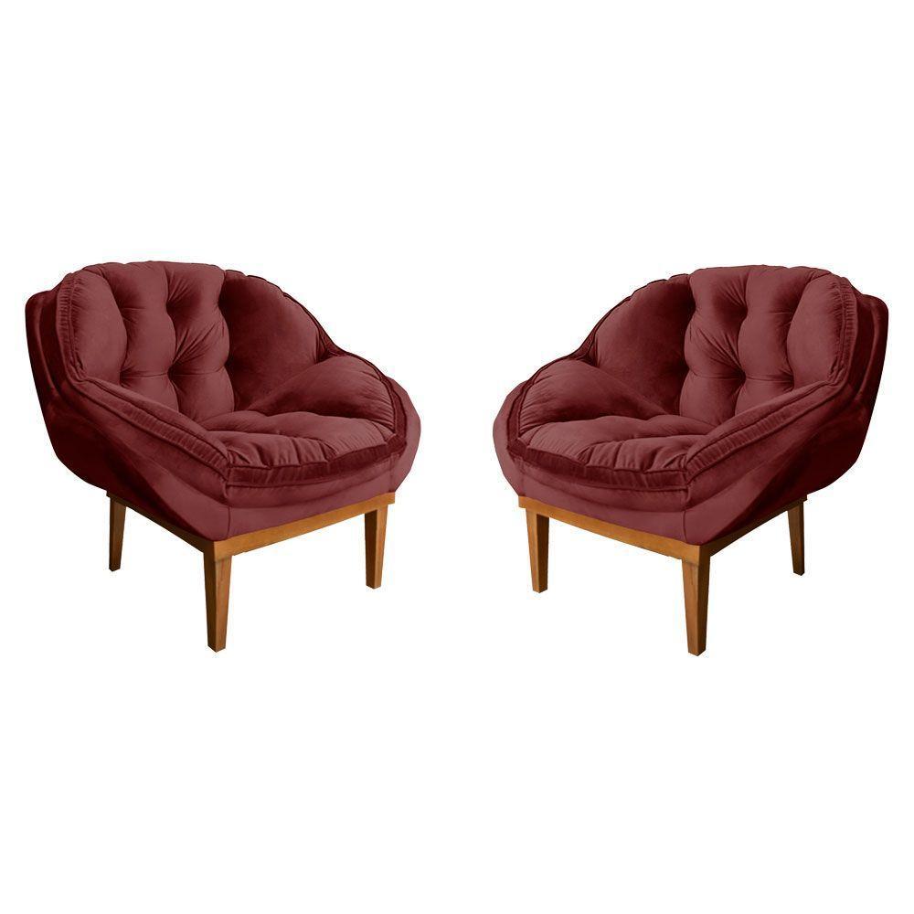 Kit 2 Poltronas Veludo Base Madeira Castanho Marsala - 1