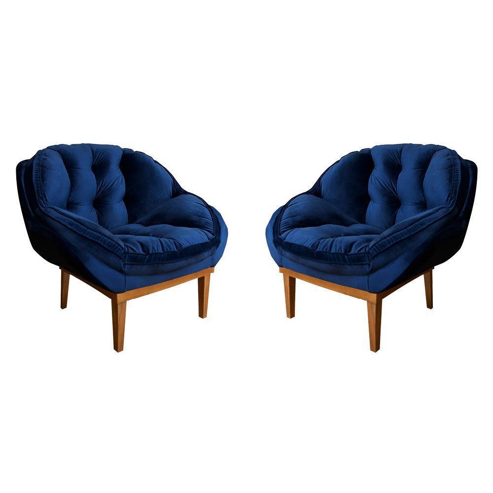 Kit 2 Poltronas Veludo Base Madeira Castanho Azul Marinho - 1