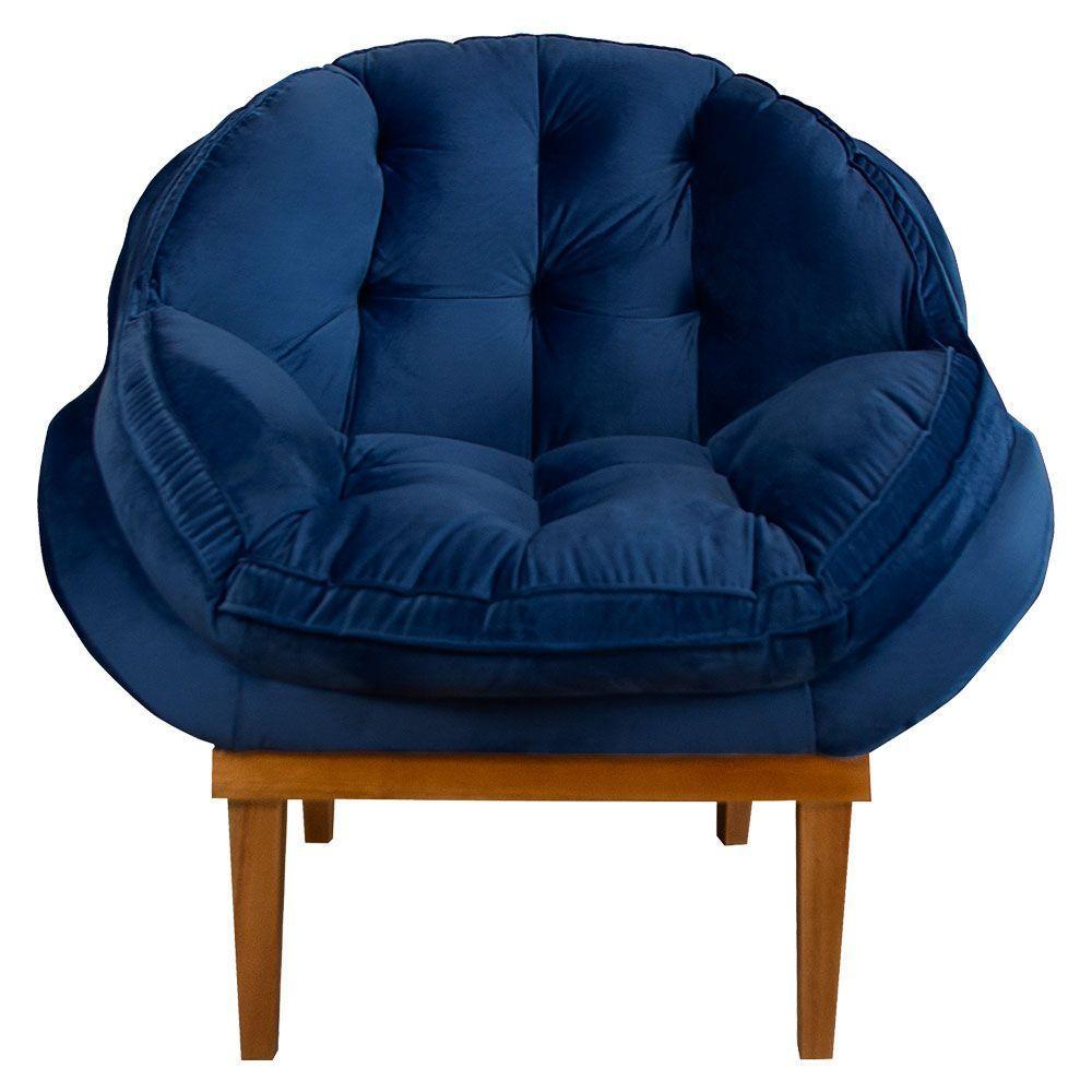 Kit 2 Poltronas Veludo Base Madeira Castanho Azul Marinho - 5