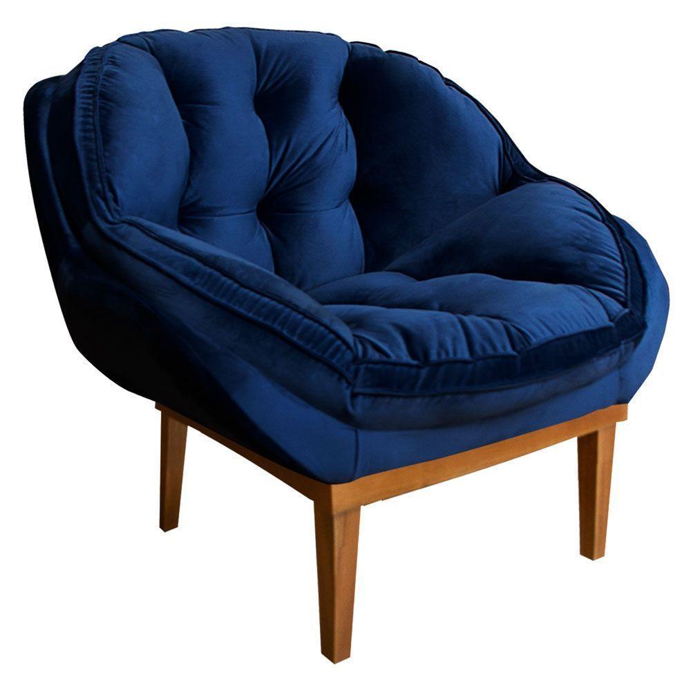 Kit 2 Poltronas Veludo Base Madeira Castanho Azul Marinho - 6