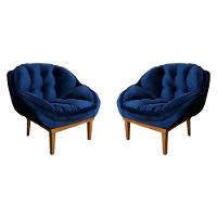Kit 2 Poltronas Veludo Base Madeira Castanho Azul Marinho - 1