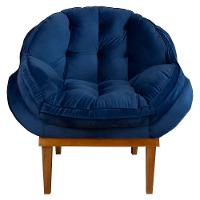 Kit 2 Poltronas Veludo Base Madeira Castanho Azul Marinho - 6