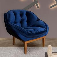 Kit 2 Poltronas Veludo Base Madeira Castanho Azul Marinho - 10