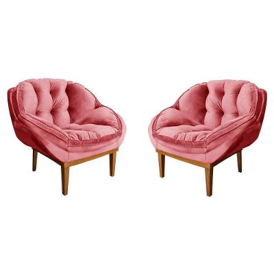 Kit 2 Poltronas Decorativa Veludo Base Madeira Castanho Rosa