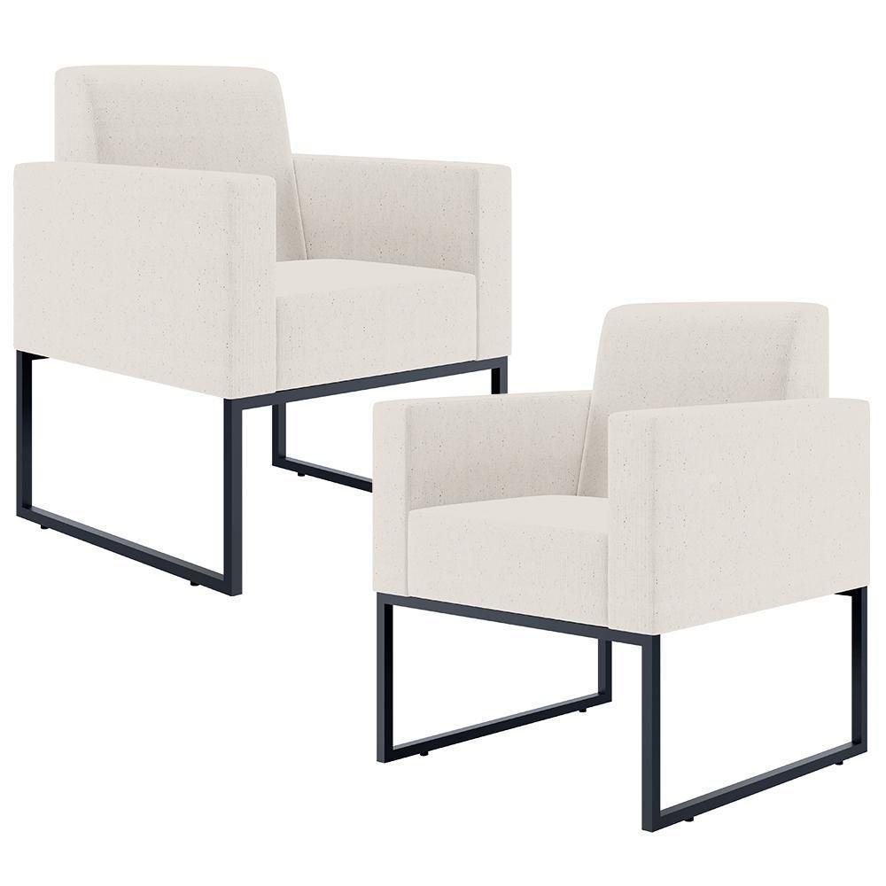 Kit 02 Poltronas E Recepção Base Fixa De Metal Linho Cru - 1