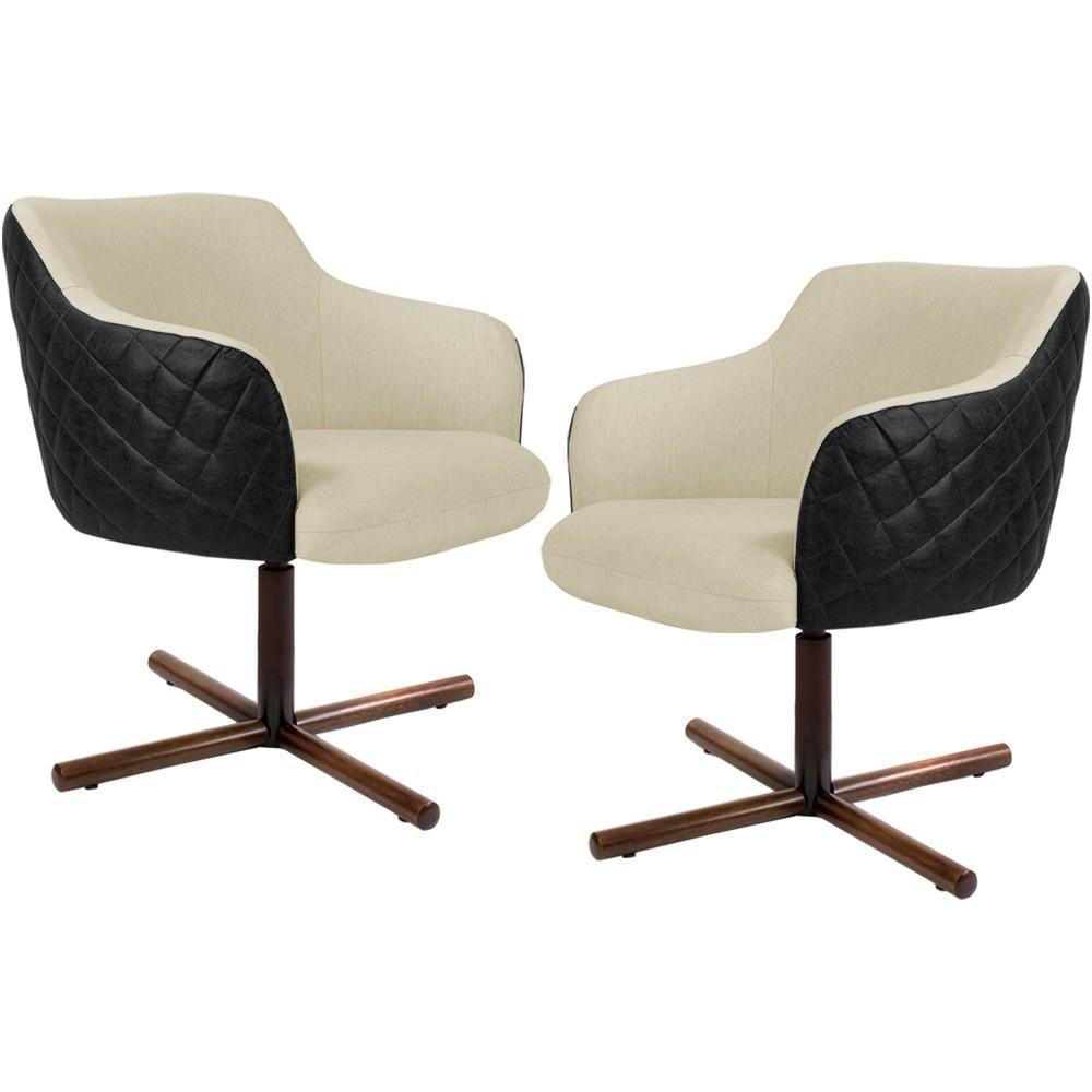 Kit 02 Poltronas Giratória Base X Linho Bege Corano Preto - 1