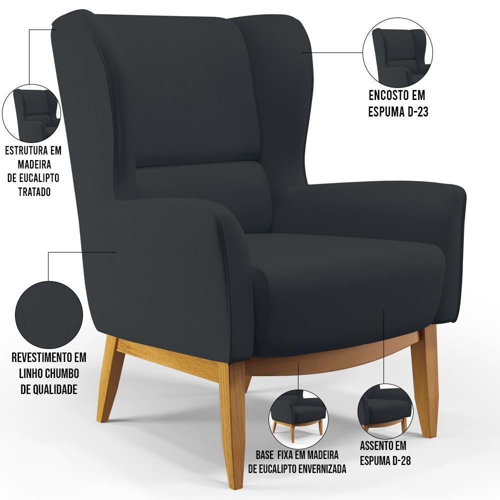 Poltrona Fixa Base De Madeira Milena D02 Linho Chumbo D-465 - 5